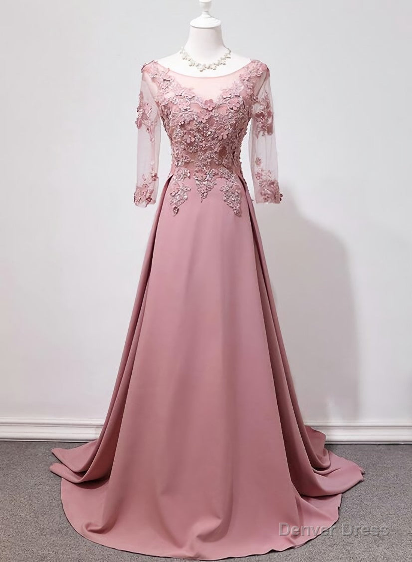 Elegant Pink Long Sleeves Lace Applique Long Party Dress, Pink Prom Dress Secondary image