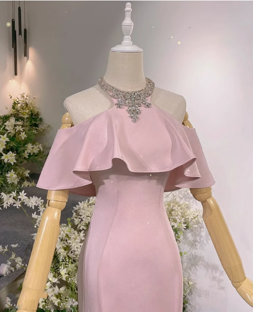Elegant Pink Mermaid Halter Neck Ruffled Satin Train Prom Dresses Evening Dresses