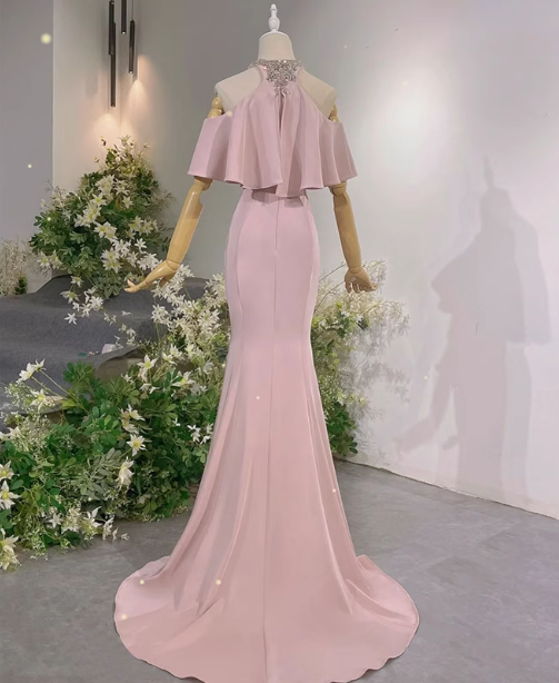 Elegant Pink Mermaid Halter Neck Ruffled Satin Train Prom Dresses Evening Dresses