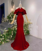 Elegant Pink Mermaid Halter Neck Ruffled Satin Train Prom Dresses Evening Dresses