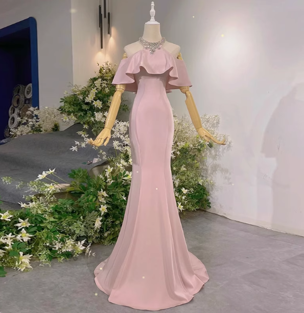 Elegant Pink Mermaid Halter Neck Ruffled Satin Train Prom Dresses Evening Dresses