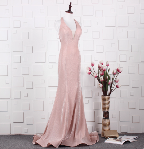 Elegant Pink Mermaid Halter V-Neck Satin Train Prom Dresses Evening Dresses Secondary image
