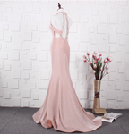 Elegant Pink Mermaid Halter V-Neck Satin Train Prom Dresses Evening Dresses