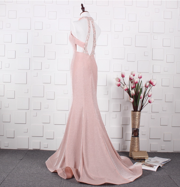 Elegant Pink Mermaid Halter V-Neck Satin Train Prom Dresses Evening Dresses