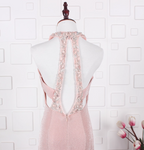 Elegant Pink Mermaid Halter V-Neck Satin Train Prom Dresses Evening Dresses
