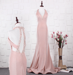 Elegant Pink Mermaid Halter V-Neck Satin Train Prom Dresses Evening Dresses