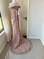Elegant Pink Mermaid Off-Shoulder 3D Floral Sequined Prom Dresses Evening Dresses