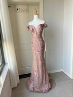 Elegant Pink Mermaid Off-Shoulder 3D Floral Sequined Prom Dresses Evening Dresses