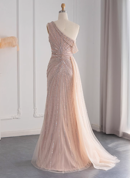Elegant Pink Mermaid One-Shoulder Beaded Tulle Slit Train Prom Dresses Evening Dresses Secondary image