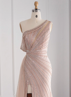 Elegant Pink Mermaid One-Shoulder Beaded Tulle Slit Train Prom Dresses Evening Dresses
