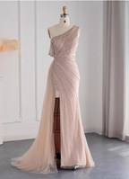 Elegant Pink Mermaid One-Shoulder Beaded Tulle Slit Train Prom Dresses Evening Dresses