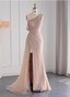 Elegant Pink Mermaid One-Shoulder Beaded Tulle Slit Train Prom Dresses Evening Dresses