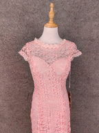 Elegant Pink Mermaid Short Sleeve Crew Neck Cutout Lace Long Prom Dresses Evening Dresses