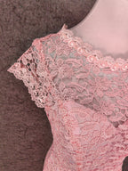 Elegant Pink Mermaid Short Sleeve Crew Neck Cutout Lace Long Prom Dresses Evening Dresses