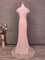 Elegant Pink Mermaid Short Sleeve Crew Neck Cutout Lace Long Prom Dresses Evening Dresses