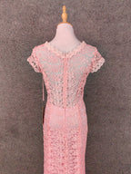 Elegant Pink Mermaid Short Sleeve Crew Neck Cutout Lace Long Prom Dresses Evening Dresses