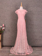 Elegant Pink Mermaid Short Sleeve Crew Neck Cutout Lace Long Prom Dresses Evening Dresses