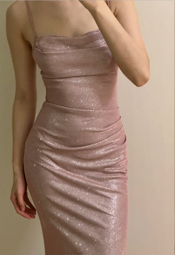 Elegant Pink Mermaid Spaghetti Strap Glittery Long Prom Dresses Evening Dresses Bridesmaid Dresses