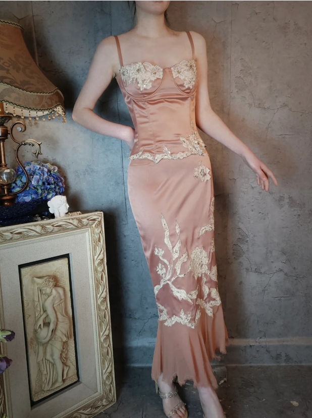 Elegant Pink Mermaid Spaghetti Strap Lace Embroidered Satin Prom Dresses Evening Dresses