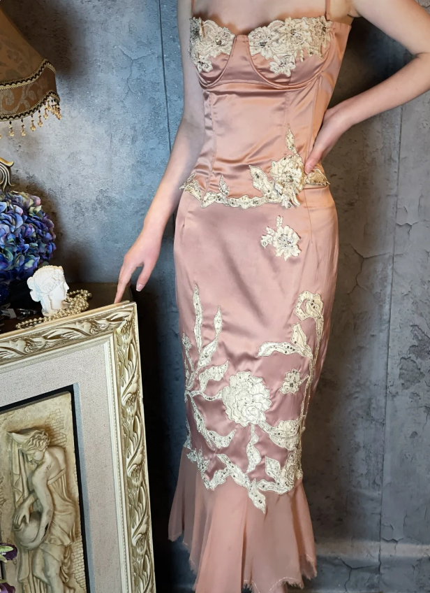 Elegant Pink Mermaid Spaghetti Strap Lace Embroidered Satin Prom Dresses Evening Dresses