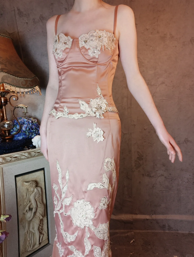 Elegant Pink Mermaid Spaghetti Strap Lace Embroidered Satin Prom Dresses Evening Dresses