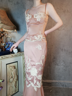 Elegant Pink Mermaid Spaghetti Strap Lace Embroidered Satin Prom Dresses Evening Dresses