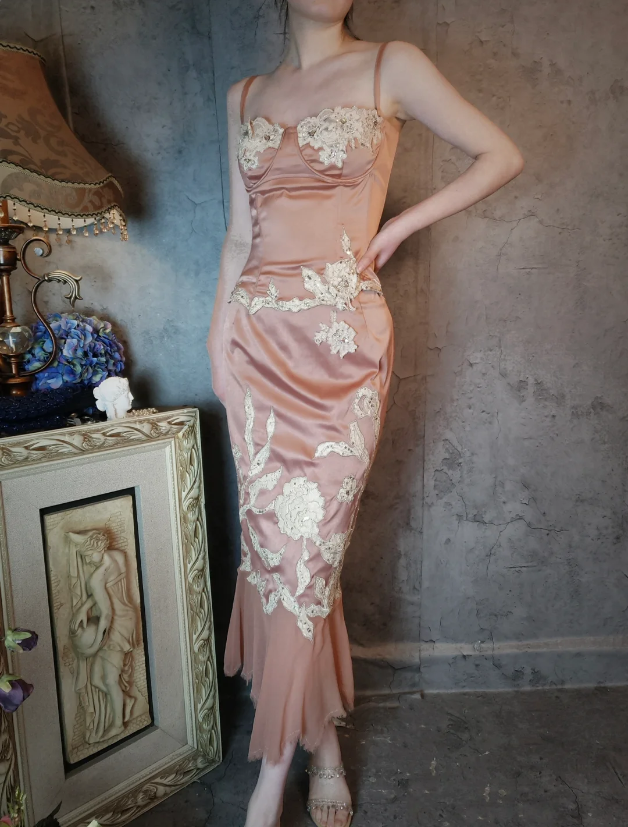 Elegant Pink Mermaid Spaghetti Strap Lace Embroidered Satin Prom Dresses Evening Dresses