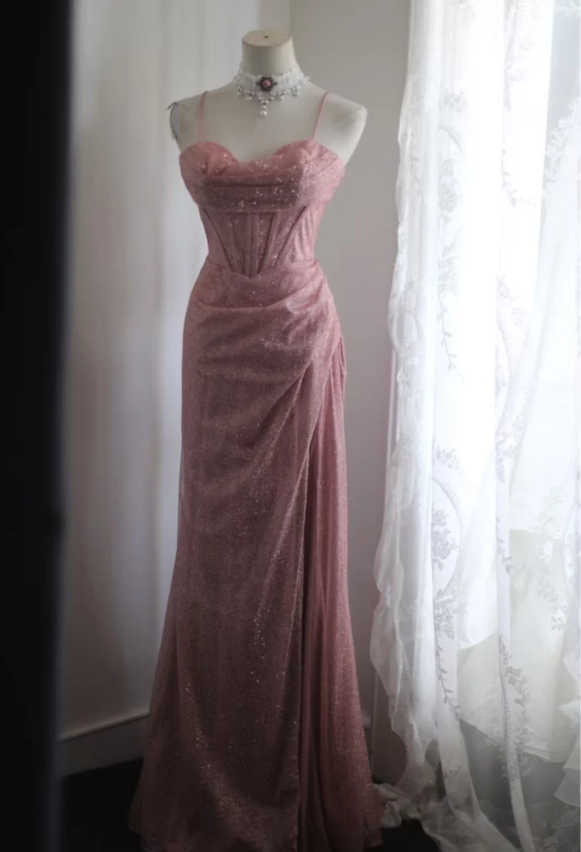 Elegant Pink Mermaid Spaghetti Strap Sequined Long Prom Dresses Evening Dresses Secondary image