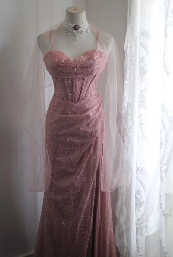 Elegant Pink Mermaid Spaghetti Strap Sequined Long Prom Dresses Evening Dresses