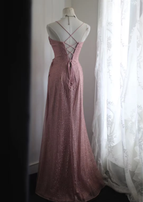 Elegant Pink Mermaid Spaghetti Strap Sequined Long Prom Dresses Evening Dresses