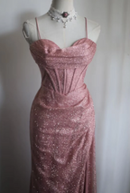 Elegant Pink Mermaid Spaghetti Strap Sequined Long Prom Dresses Evening Dresses