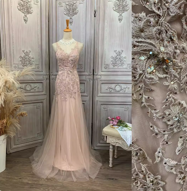 Elegant Pink Mermaid V-Neck Lace Embroidery Tulle Long Prom Dresses Evening Dresses