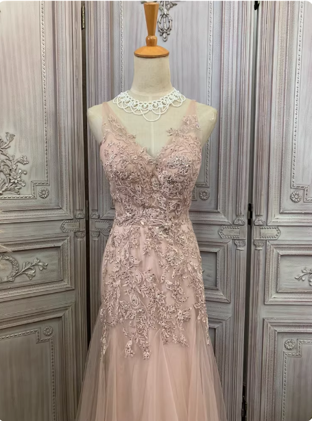 Elegant Pink Mermaid V-Neck Lace Embroidery Tulle Long Prom Dresses Evening Dresses