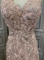 Elegant Pink Mermaid V-Neck Lace Embroidery Tulle Long Prom Dresses Evening Dresses
