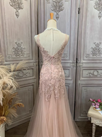 Elegant Pink Mermaid V-Neck Lace Embroidery Tulle Long Prom Dresses Evening Dresses