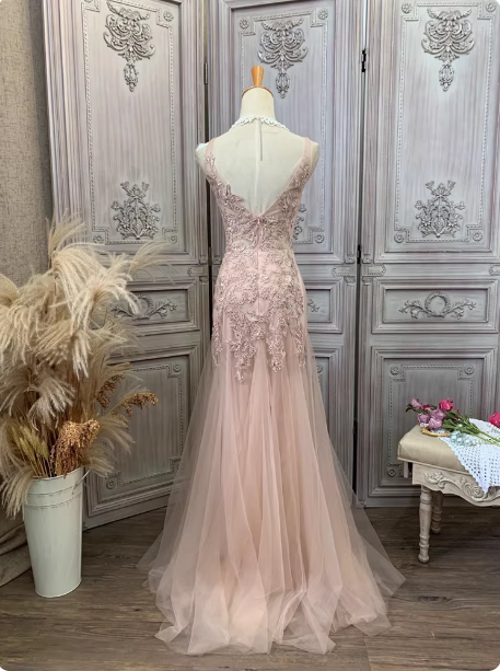 Elegant Pink Mermaid V-Neck Lace Embroidery Tulle Long Prom Dresses Evening Dresses