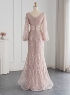 Elegant Pink Mermaid V-Neck Long Sleeve Sequin Long Prom Dresses Evening Dresses