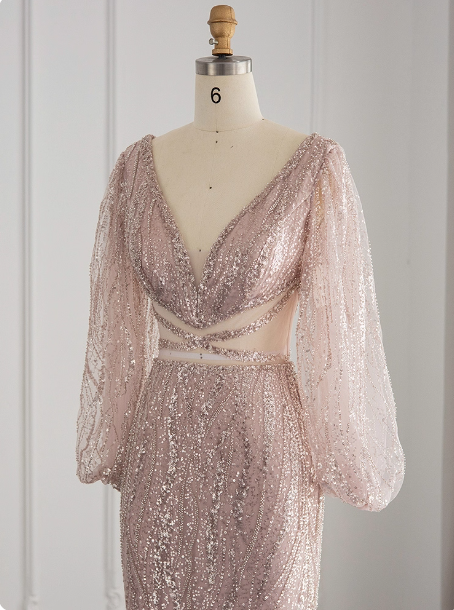 Elegant Pink Mermaid V-Neck Long Sleeve Sequin Long Prom Dresses Evening Dresses