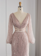 Elegant Pink Mermaid V-Neck Long Sleeve Sequin Long Prom Dresses Evening Dresses