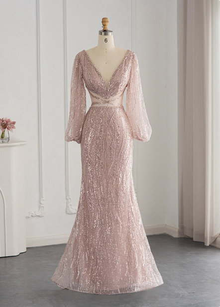 Elegant Pink Mermaid V-Neck Long Sleeve Sequin Long Prom Dresses Evening Dresses