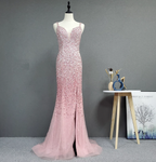 Elegant Pink Mermaid V-Neck Spaghetti Strap Full Rhinestone Slit Tulle Train Prom Dresses Evening Dresses