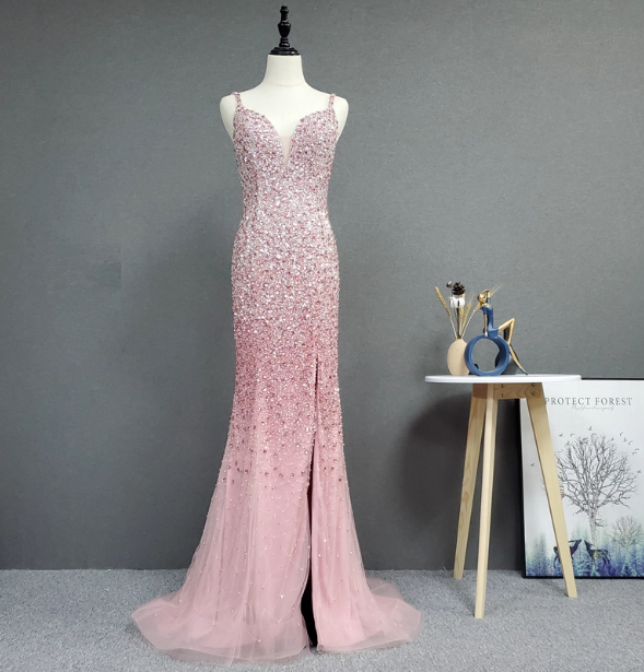 Elegant Pink Mermaid V-Neck Spaghetti Strap Full Rhinestone Slit Tulle Train Prom Dresses Evening Dresses