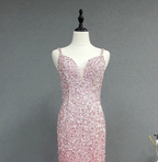 Elegant Pink Mermaid V-Neck Spaghetti Strap Full Rhinestone Slit Tulle Train Prom Dresses Evening Dresses