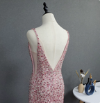 Elegant Pink Mermaid V-Neck Spaghetti Strap Full Rhinestone Slit Tulle Train Prom Dresses Evening Dresses