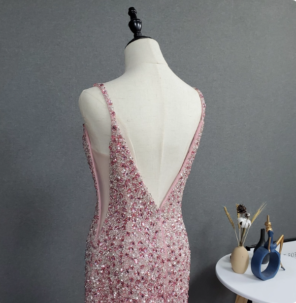 Elegant Pink Mermaid V-Neck Spaghetti Strap Full Rhinestone Slit Tulle Train Prom Dresses Evening Dresses