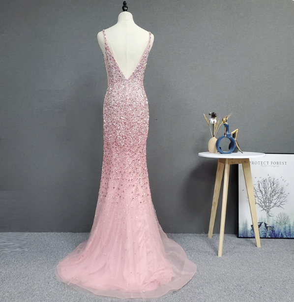Elegant Pink Mermaid V-Neck Spaghetti Strap Full Rhinestone Slit Tulle Train Prom Dresses Evening Dresses
