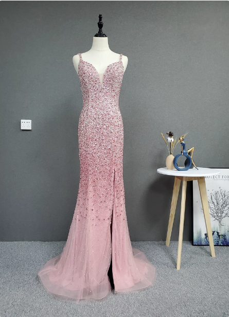 Elegant Pink Mermaid V-Neck Spaghetti Strap Full Rhinestone Slit Tulle Train Prom Dresses Evening Dresses Main image