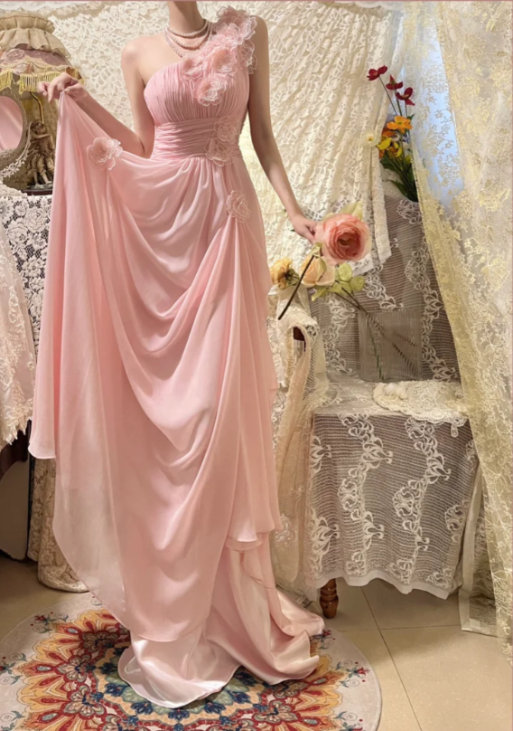 Elegant Pink Off-shoulder 3D Flower Pleated Chiffon Long Prom Dress