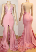 Elegant Pink Prom Gown Backless Lace Prom Gowns With Slit