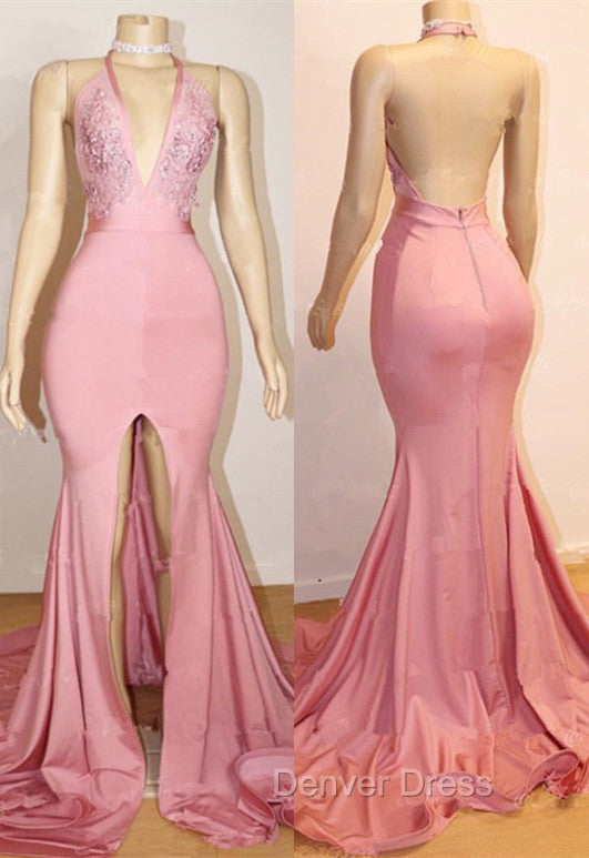 Elegant Pink Prom Gown Backless Lace Prom Gowns With Slit